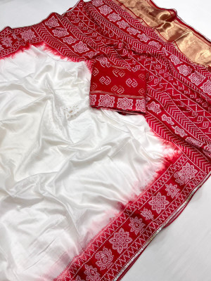 Durga puja special white color dola silk saree with woven design