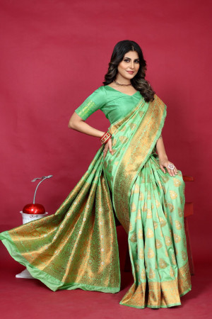 Buy Light Green Colored Silk Fabric Saree with Resham Work Online -  SREV2773 | Appelle Fashion