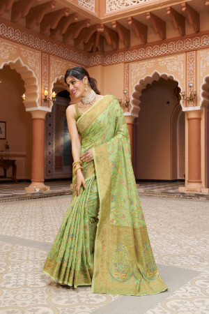 Dashing Parrot Green Saree with Heavy Golden Borders – Suvidha Fashion