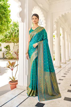 Banarasi Silk Woven Saree In Rama Green And Pink Colour