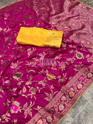 Pink color dola silk saree with zari weaving work