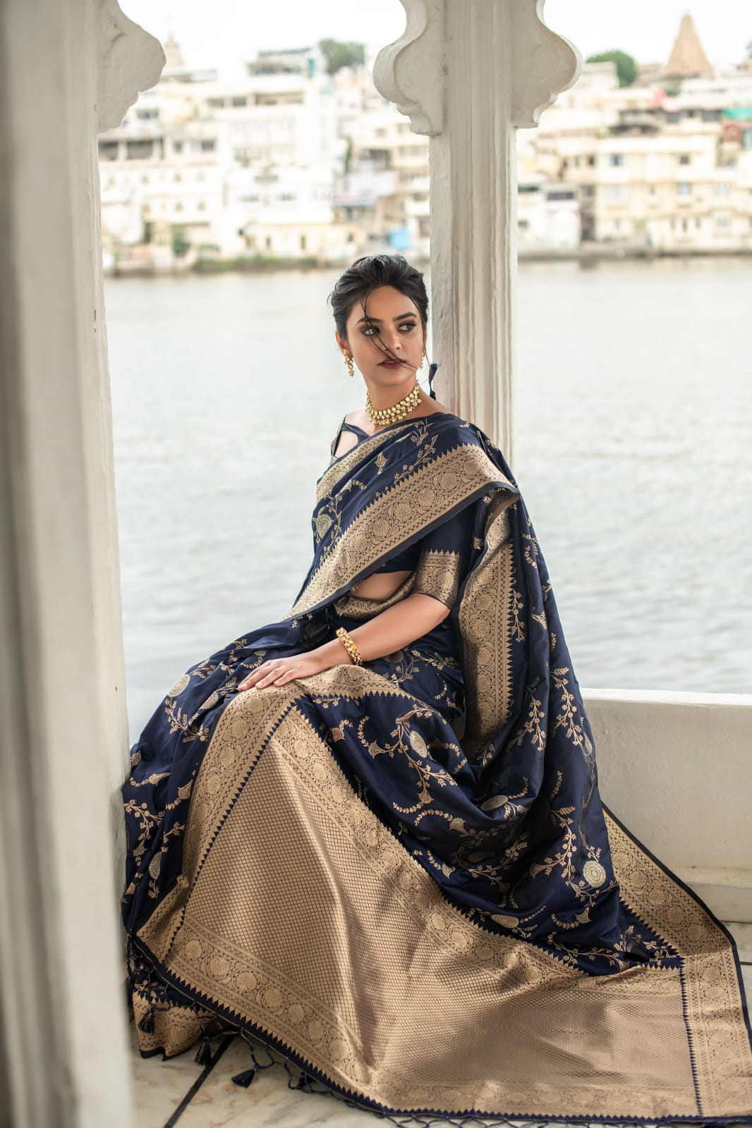 Navy blue color banarasi silk saree with zari weaving work