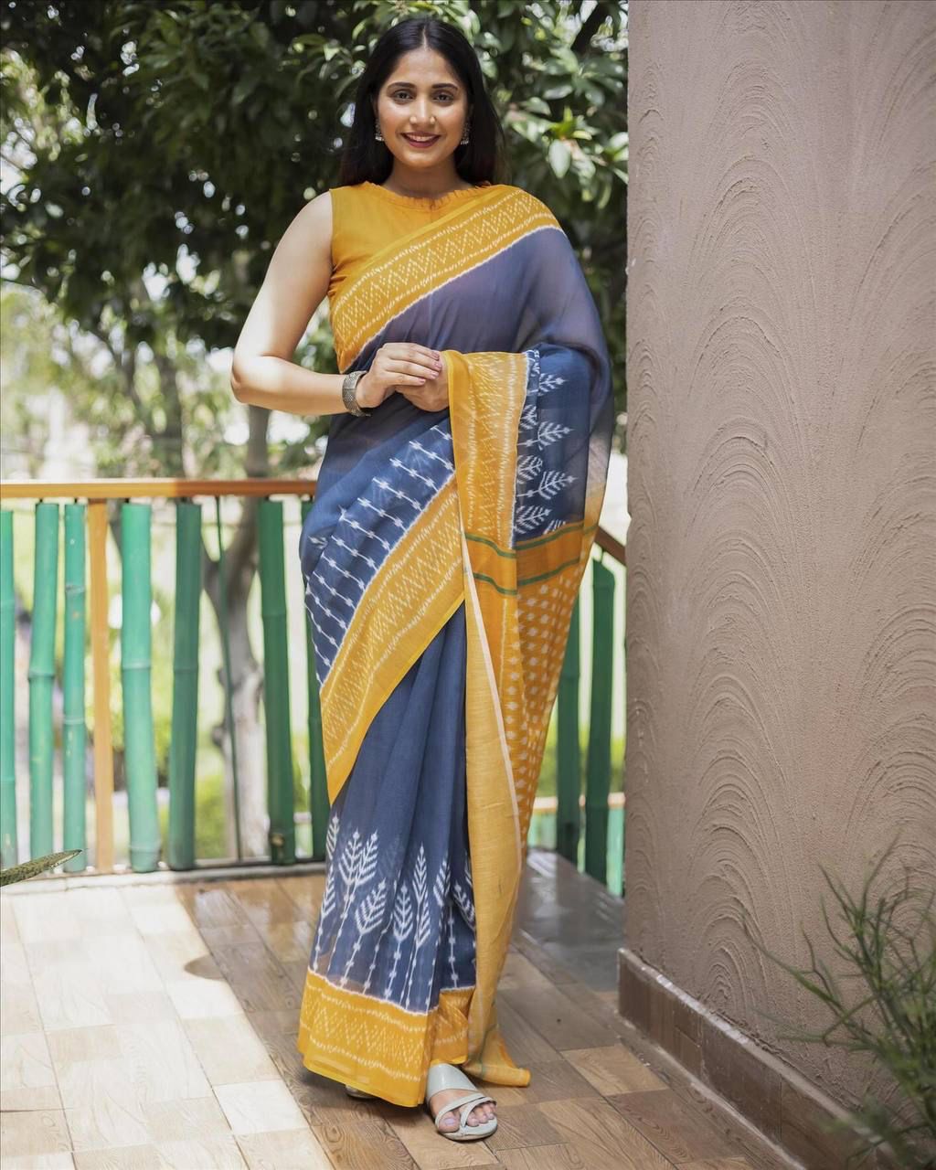 YELLOW IKAT PRINT DESIGNER SAREE - RENT