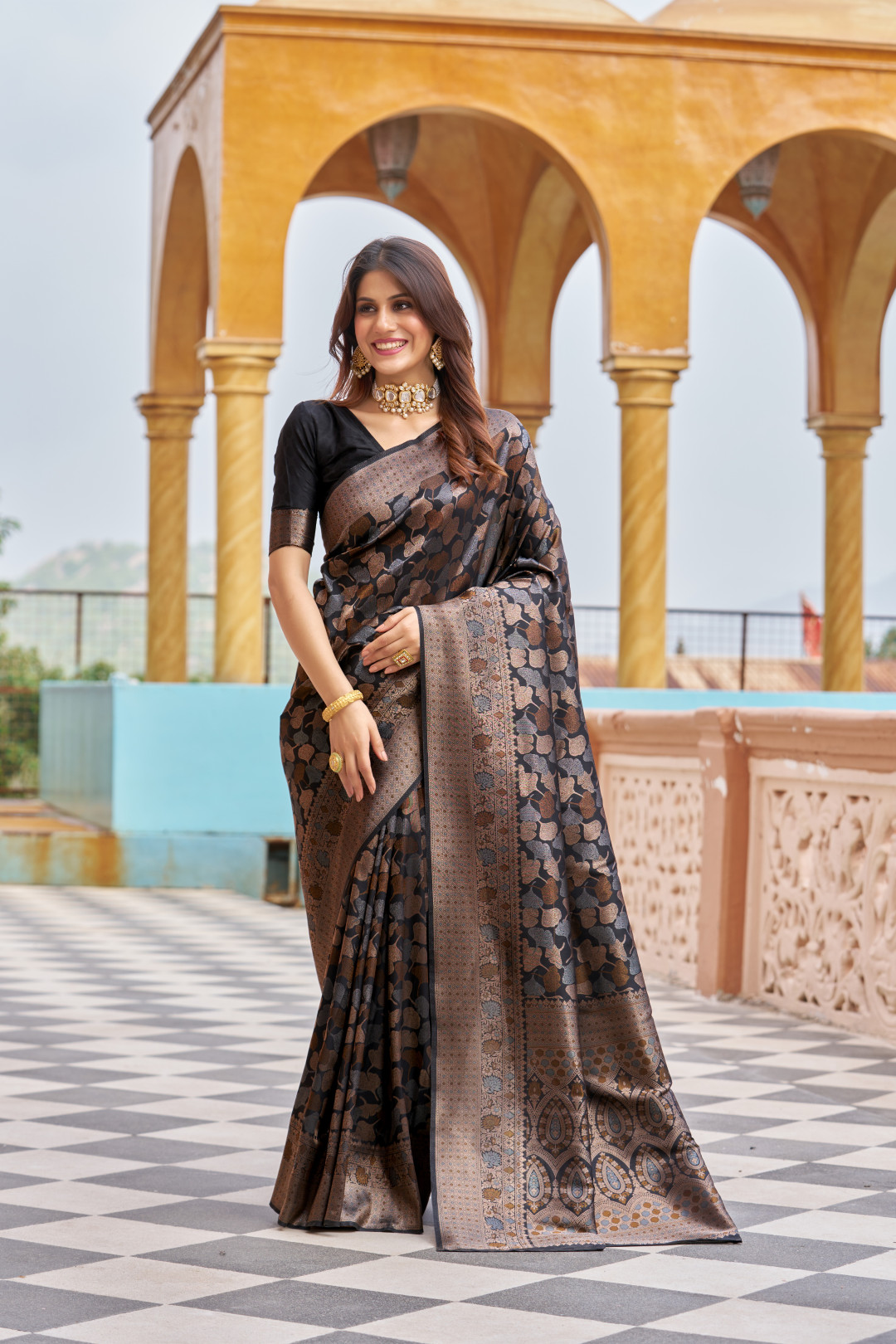 Beige And Black Handloom Kanjivaram Silk Saree With Thread Border –  WeaverStory