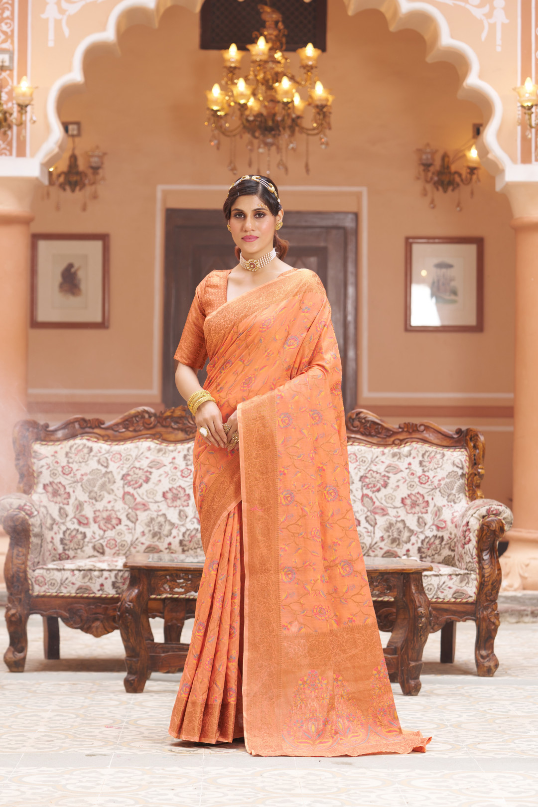 Latest Pure Silk Saree in Peach Color Online on dvanza - dvz0003388