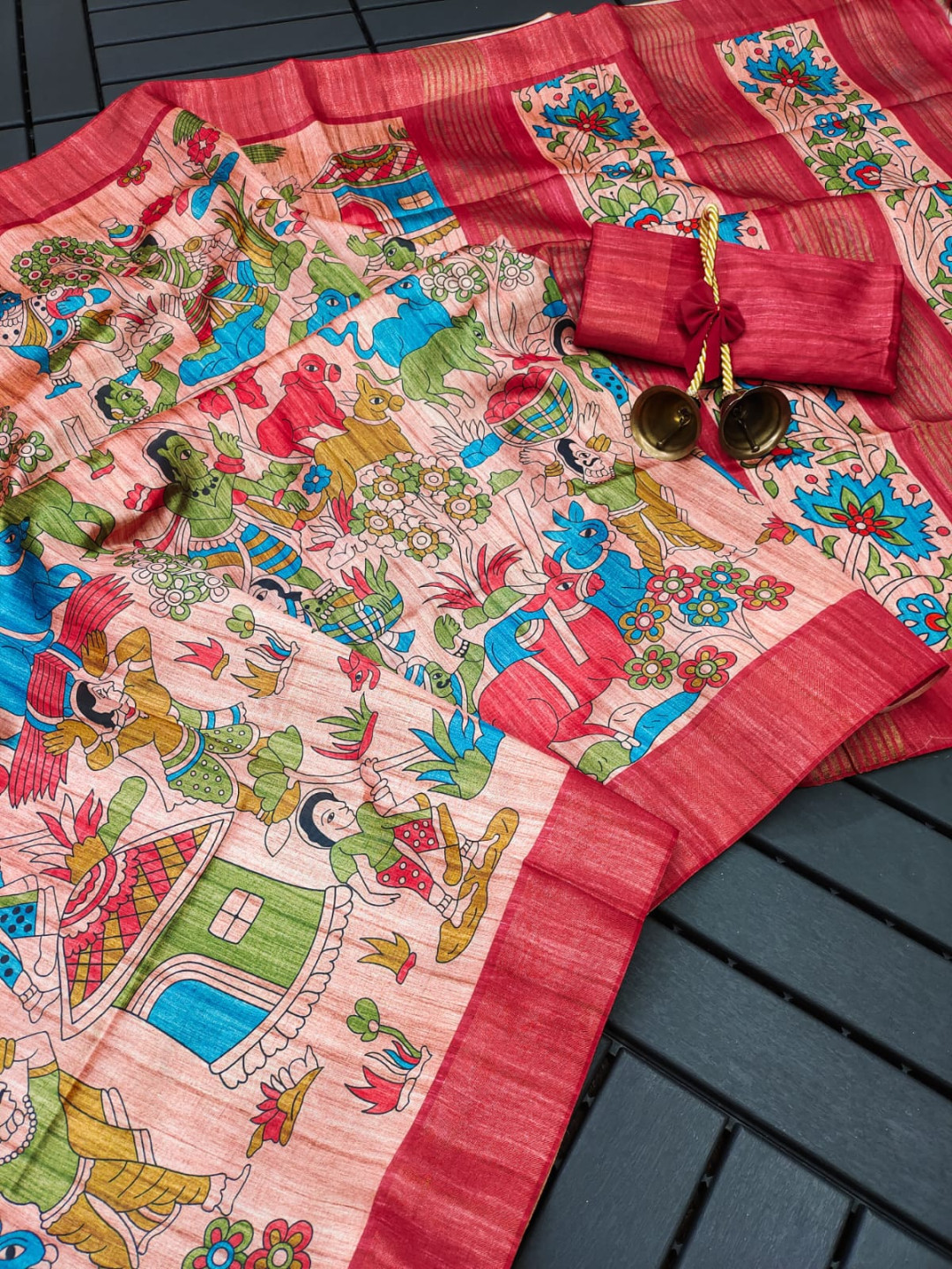 Red color tussar silk saree with kalamkari printed work