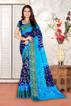 Navy blue and sky blue color hand bandhej bandhani saree