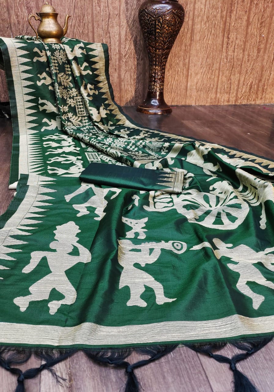 Green color raw silk saree with zari woven contrast pallu