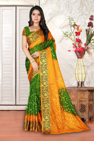 Mehndi green and yellow color hand bandhej bandhani saree