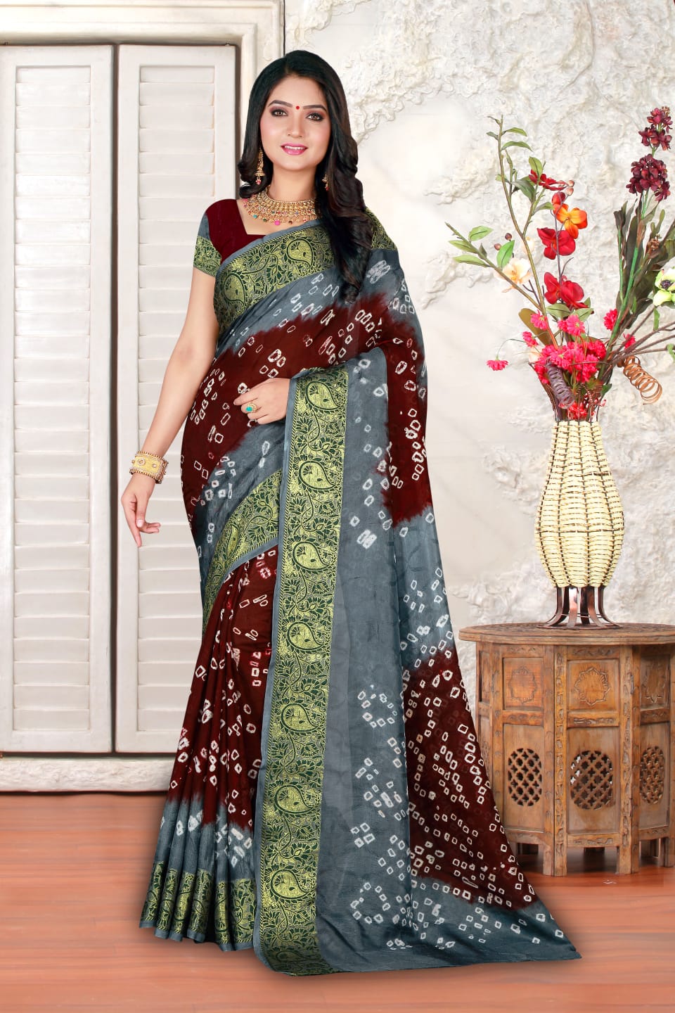 Coffee and gray color hand bandhej bandhani saree