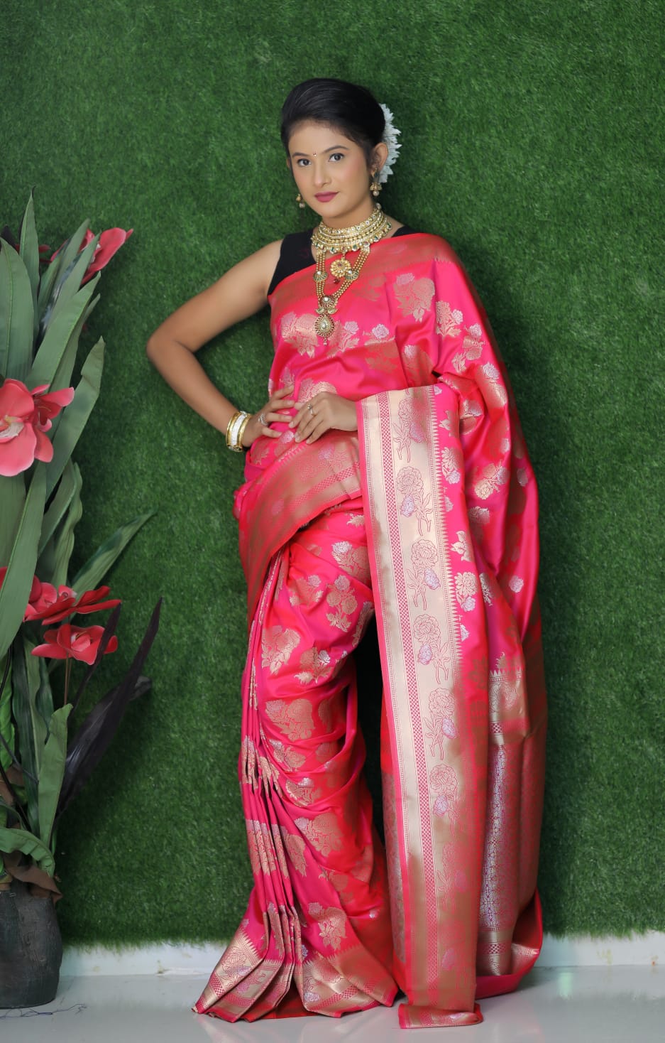 Venkatagiri silk saree dual shade of pinkish orange and pink with allo –  Prashanti Sarees