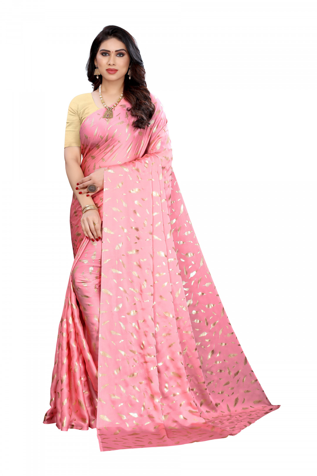 Baby pink color pure satin silk saree