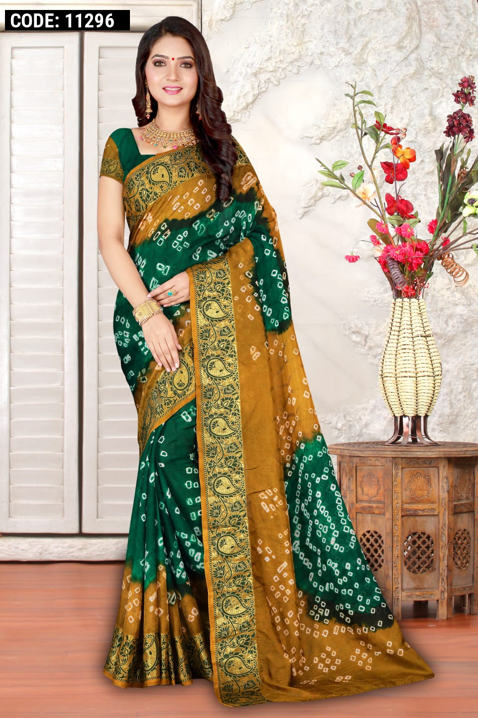 Green printed silk bandhani sarees bandhej - Vedant Vastram - 4233768