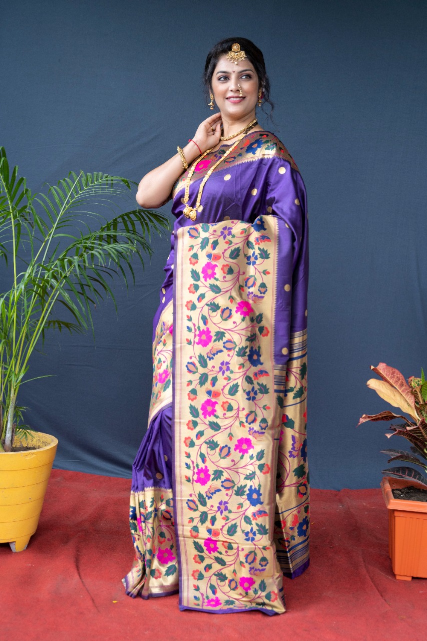 Purple color kanchipuram silk saree with zari weaving work