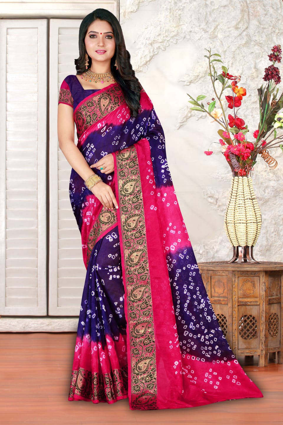 Blue and pink color hand bandhej bandhani saree