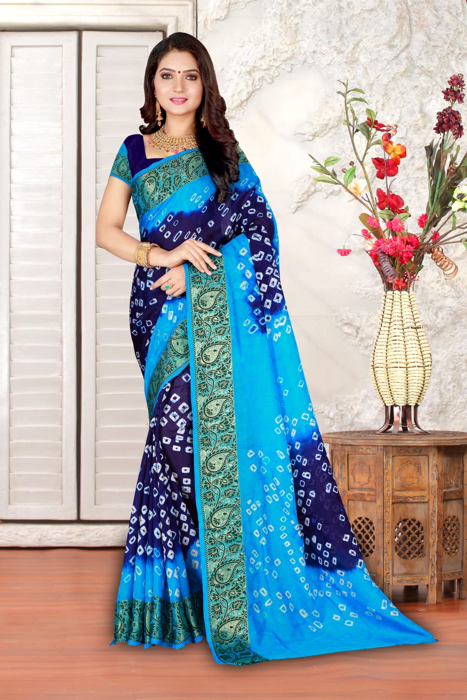 Navy blue and sky blue color hand bandhej bandhani saree