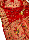 Red color paithani silk saree with meenakari weaving border