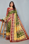 Mahendi green and maroon color cotton saree with patola printed work