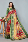 Red and green color cotton saree with patola printed work