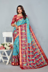 Pink and sea green color soft cotton saree with patola printed work