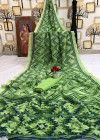 Pista green color moss chiffon saree with printed work