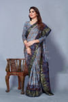 Gray and navy blue color bandhani silk saree with khadi printed work