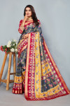 Gray and pink color cotton saree with patola printed work