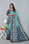 Navy blue and sky blue color soft cotton saree with patola printed work