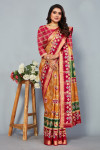 Mustard yellow and pink color soft cotton saree with patola printed work
