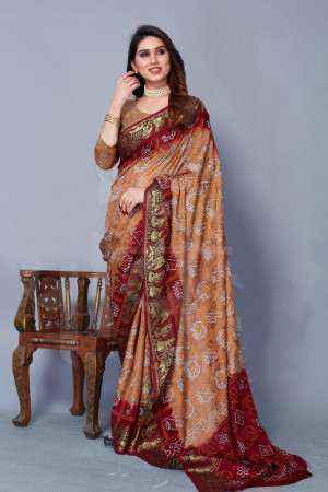 Beige Gold Saree with Red Maroon Choli & Silver Gold Tassel Details -  Seasons India