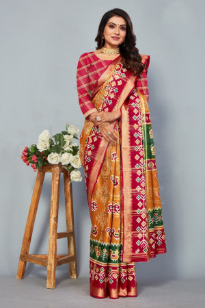 Mustard yellow and pink color cotton saree with patola printed work
