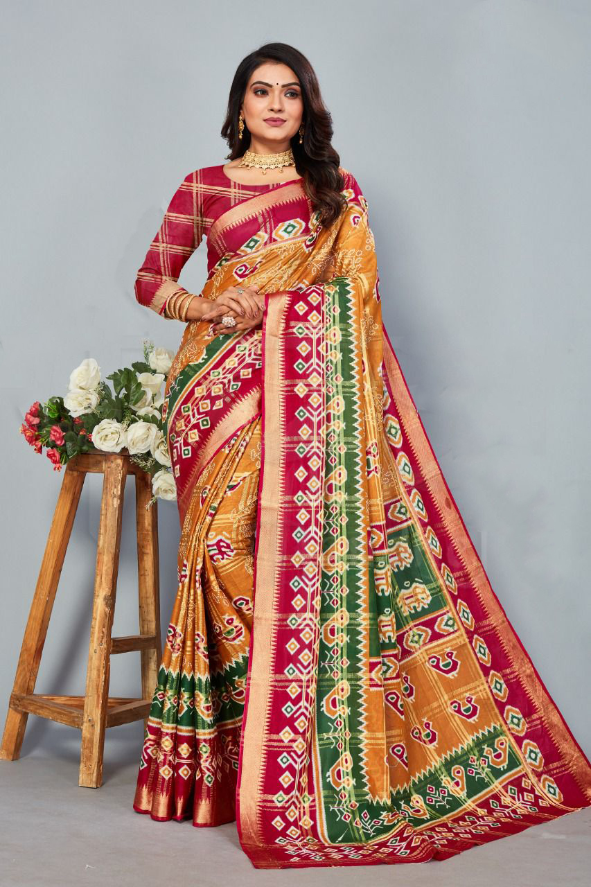 Mustard yellow and pink color cotton saree with patola printed work