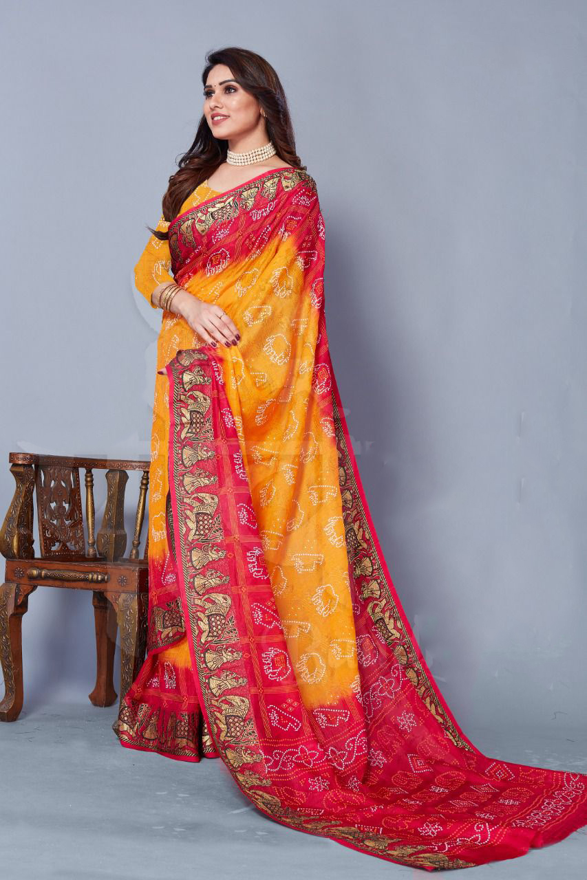 Half-Half Bandhani & Munga Silk Gottapatti, Zardozi Saree - ALBIS Online