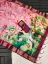 Baby pink color soft raw silk saree with floral printed work