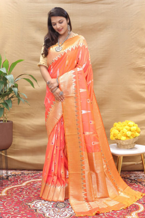 Coral Peach Banarasi Saree with Crystal Work - Urban Womania