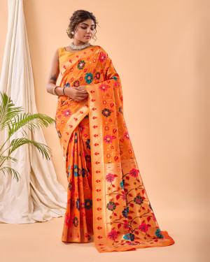 Orange Crepe Drape Saree And Blouse With Crystal Tassels All Over