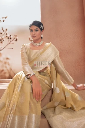 Sequins Embroidery Cream Gold Half and Half Organza Saree