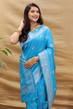 Light Blue Color Shaded Silk Embroidery Designer Party Wear Saree  -2673141108 | Heenastyle