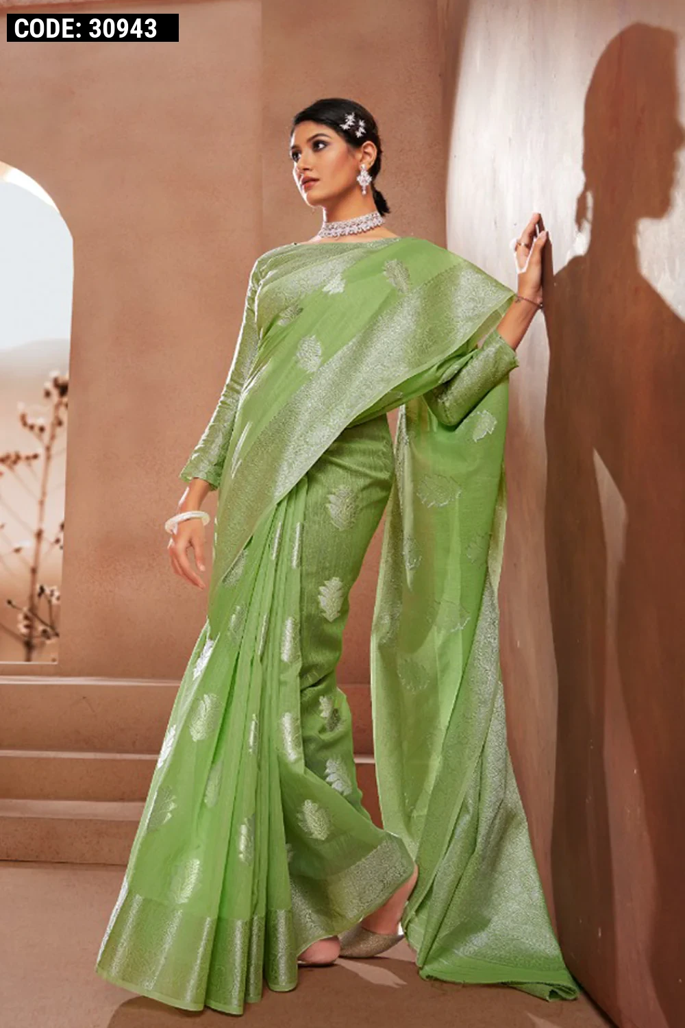 Pista Green Woven Design Cotton Saree – Maharani