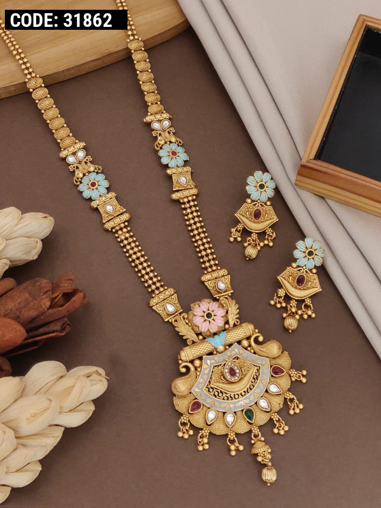 Ruhi Gold-plated Long Necklace Set Studded with Gold CZ Stone