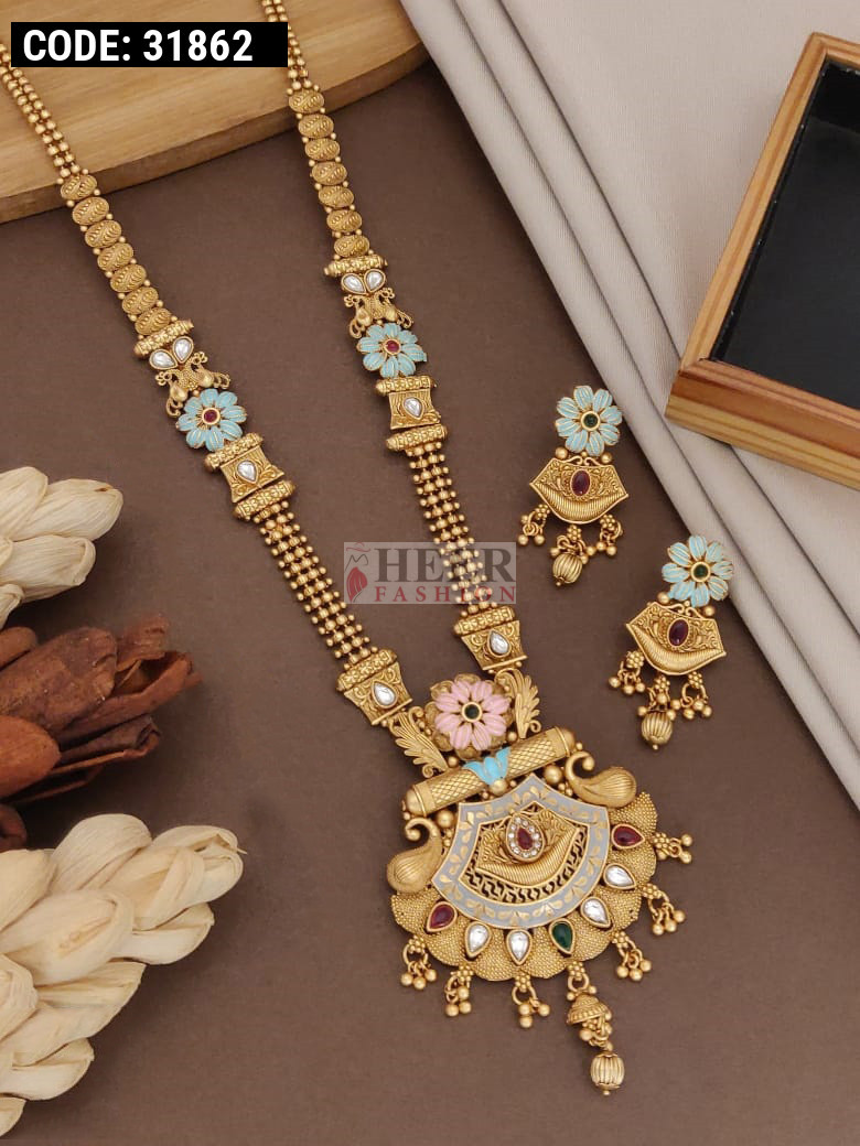 Ruhi Gold-plated Long Necklace Set Studded with Gold CZ Stone