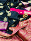 Black color soft silk saree with contrast zari border and pallu