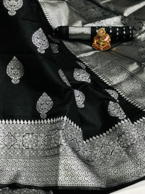 Black color soft banarasi silk saree with zari weaving pallu