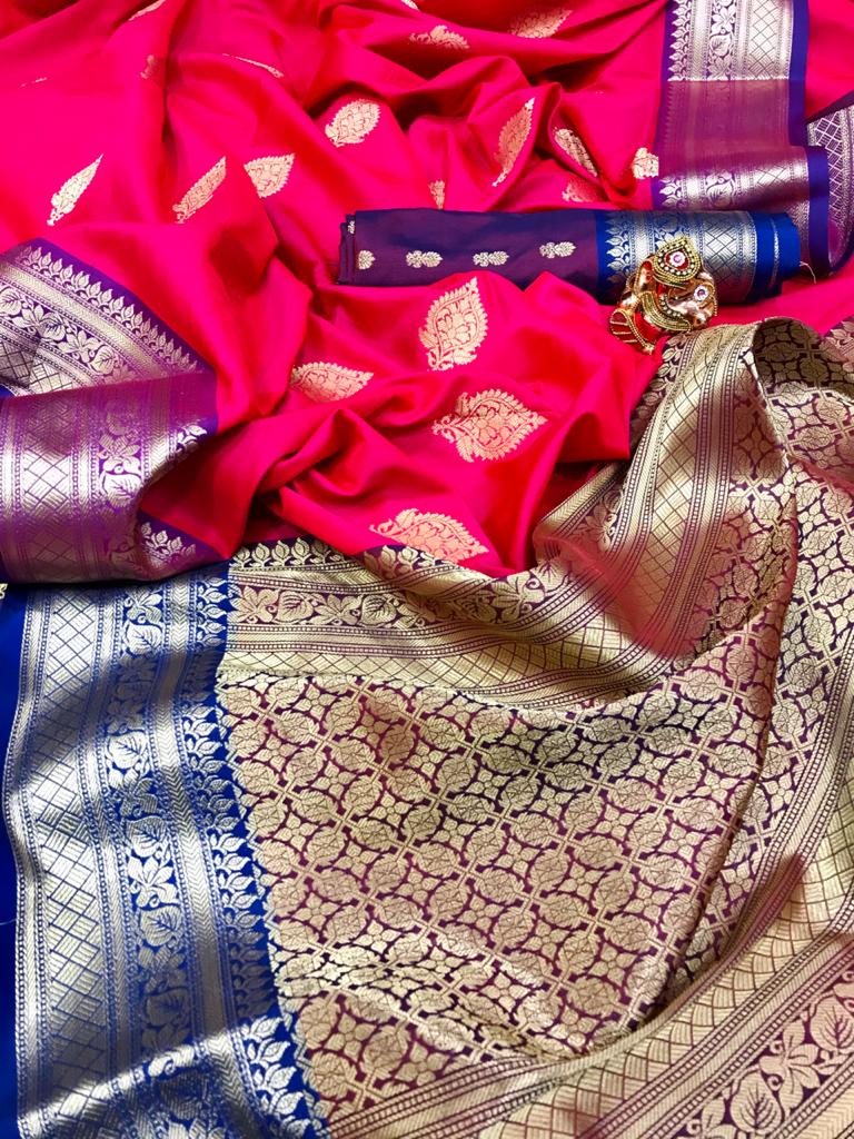 Soft silk saree with contrast zari border and pallu