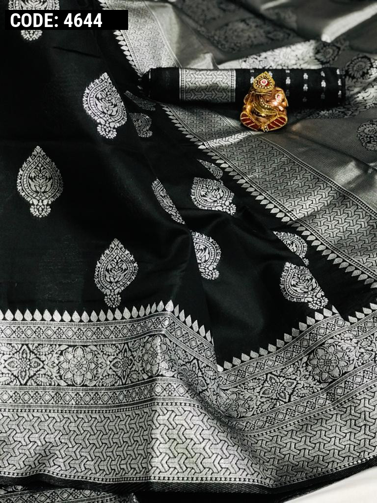 Black Banarasi Silk Butta Saree with Silver Zari Weaving in USA, UK,  Malaysia, South Africa, Dubai, Singapore