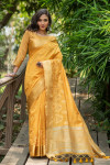 Mustard yellow color aasam silk saree with embroidered cut work