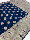 Navy blue color soft banarasi saree with golden zari weaving border