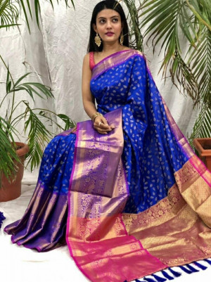 royal blue color kanchipuram silk saree with golden zari work
