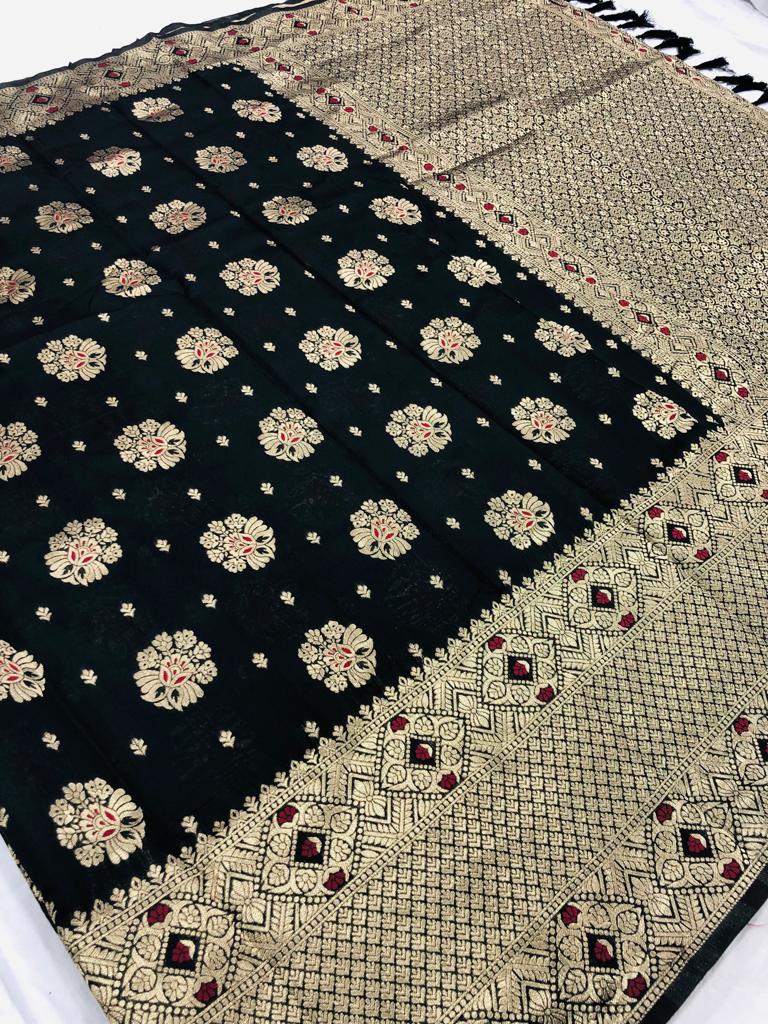 Black color soft banarasi saree with golden zari weaving border