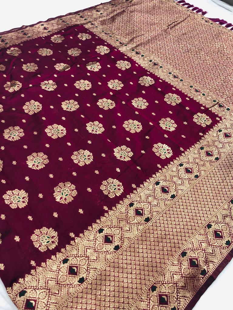 Wine color soft banarasi saree with golden zari weaving border